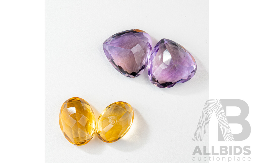 Citrine, (2) Oval Unset Gemstones, 6.95ct & Amethyst (2) Heart Cut Gemstones, 10.82ct