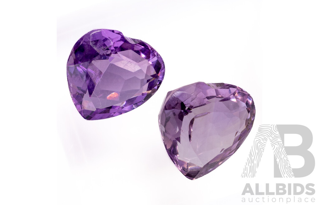 Amethyst (2) Natural 11mm Heart Cut Gemstones, 9.65ct