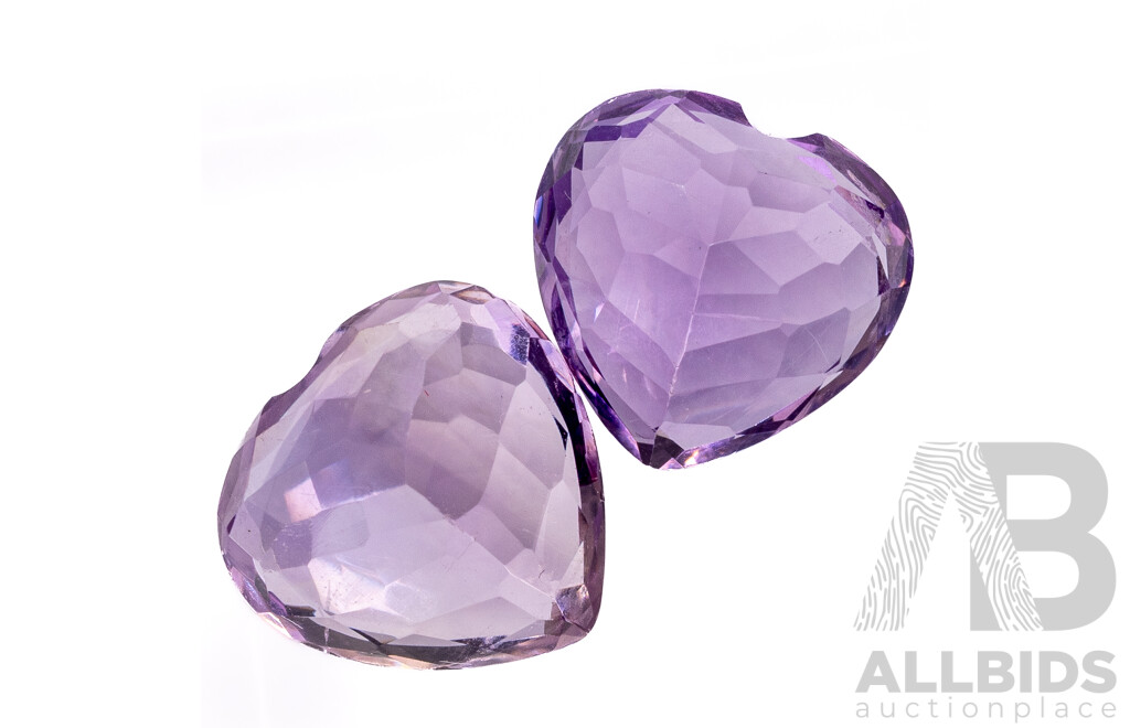 Amethyst (2) Natural 11mm Heart Cut Gemstones, 9.65ct
