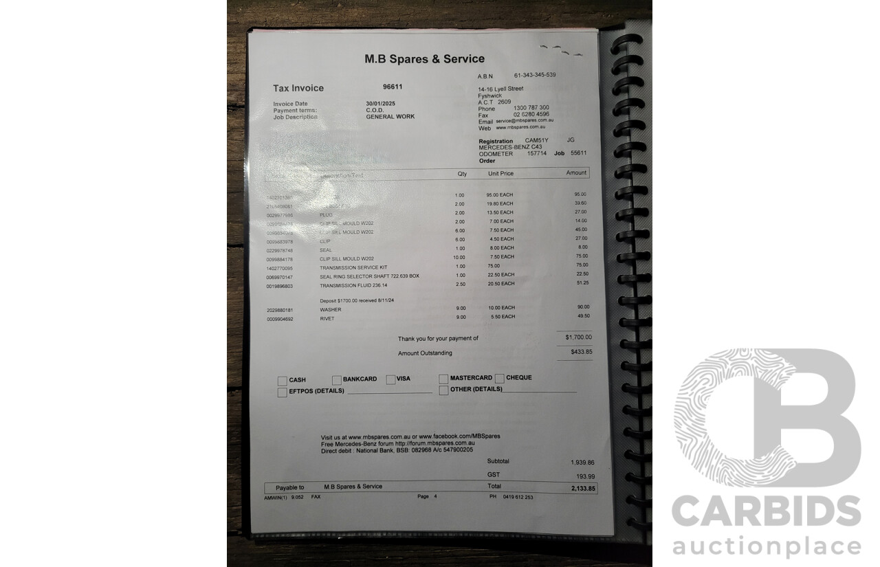 7/1998 Mercedes Benz C43 AMG W202 4d Saloon Zircon Silver Metallic V8 4.3L