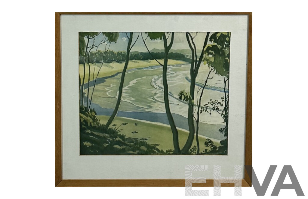 Kenneth Robertson MacQueen (20th Century, British-Australian,1897-1960), Beach Through the Trees, Vintage Reproduction Print of Original Watercolour, 52 x 57 cm (frame)