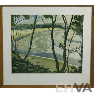 Kenneth Robertson MacQueen (20th Century, British-Australian,1897-1960), Beach Through the Trees, Vintage Reproduction Print of Original Watercolour, 52 x 57 cm (frame)
