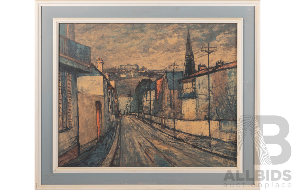 George Feather Lawrence, (20th Century, Australian,1901-81), Street in Balmain, Vintage Quality Print on Board of Original Oil From 1957, 60 x 70 cm (frame)