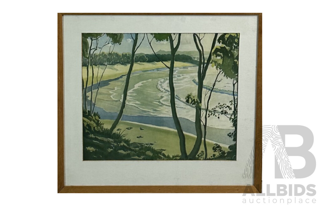 Kenneth Robertson MacQueen (20th Century, British-Australian,1897-1960), Beach Through the Trees, Vintage Reproduction Print of Original Watercolour, 52 x 57 cm (frame)