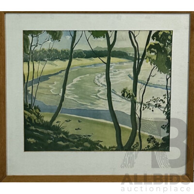 Kenneth Robertson MacQueen (20th Century, British-Australian,1897-1960), Beach Through the Trees, Vintage Reproduction Print of Original Watercolour, 52 x 57 cm (frame)