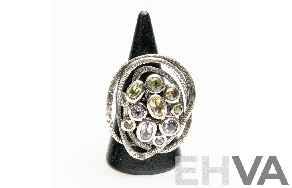 Sterling Silver Hand Finished Gemstone Cluster Ring, Size N, 10.34 Grams