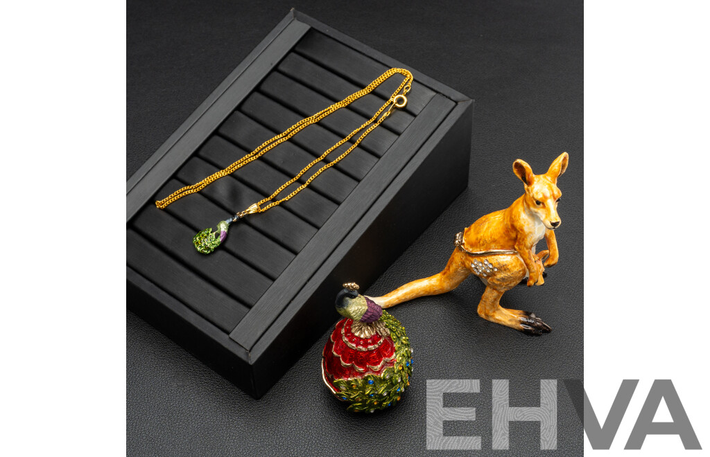 Cloisonne Kangaroo with Joey & Peacock (with Pendant) Bejewelled Trinket Boxes