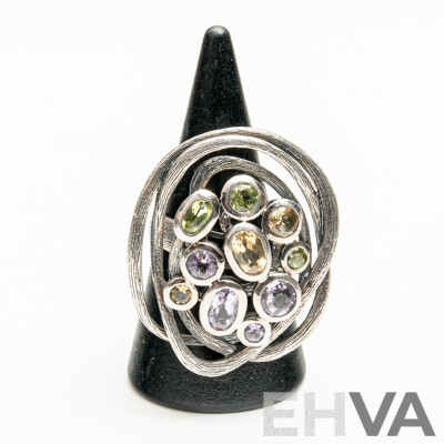 Sterling Silver Hand Finished Gemstone Cluster Ring, Size N, 10.34 Grams