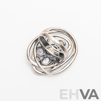 Sterling Silver Hand Finished Gemstone Cluster Ring, Size N, 10.34 Grams