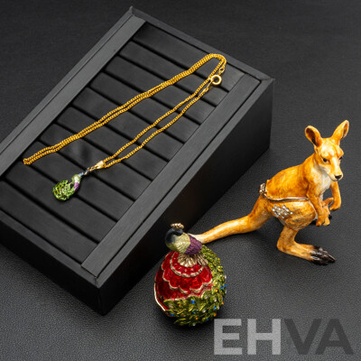 Cloisonne Kangaroo with Joey & Peacock (with Pendant) Bejewelled Trinket Boxes