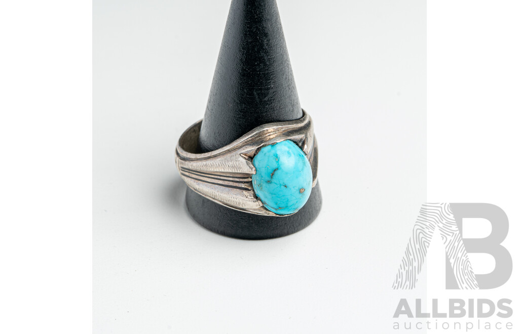 Sterling Silver Vintage Israeli Turquoise Ring, Size Z+++, 11.88 Grams
