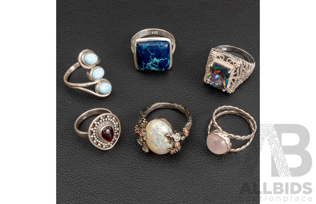 Collection of (6) Sterling Sivler Gemset Rings Including Rose Quartz, Garnet & Larimar Cabochon, 31.63 Grams