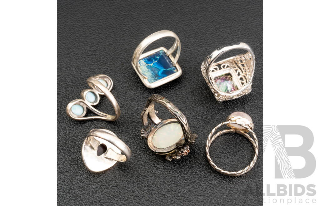 Collection of (6) Sterling Sivler Gemset Rings Including Rose Quartz, Garnet & Larimar Cabochon, 31.63 Grams