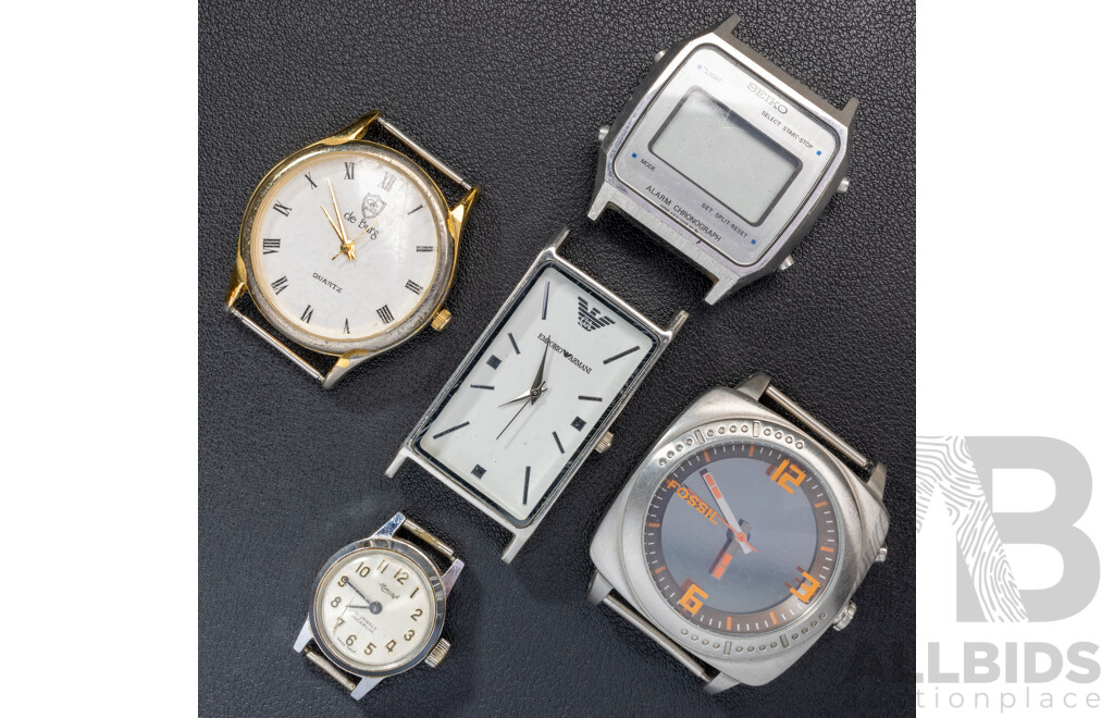 Collection of (5) Vintage Watch Faces Only - Fossil, Seiko, Emporio Armani, De Burg, Monarch