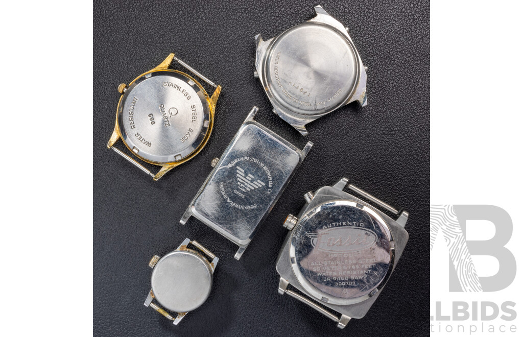 Collection of (5) Vintage Watch Faces Only - Fossil, Seiko, Emporio Armani, De Burg, Monarch