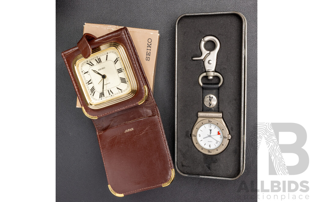 Seiko Travel Clock QQ534K and Golfer's Keyring Clock, Both as New with Original Presentation Boxes