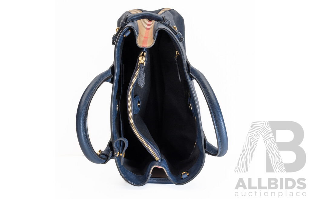 Burberry House Check Derby Navy Leather Tote Bag