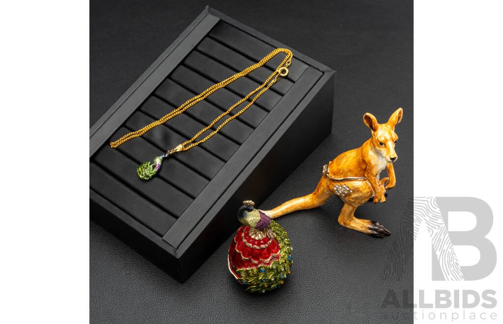 Cloisonne Kangaroo with Joey & Peacock (with Pendant) Bejewelled Trinket Boxes