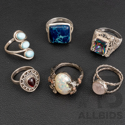 Collection of (6) Sterling Sivler Gemset Rings Including Rose Quartz, Garnet & Larimar Cabochon, 31.63 Grams