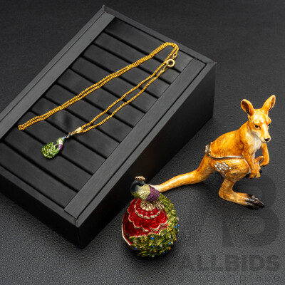 Cloisonne Kangaroo with Joey & Peacock (with Pendant) Bejewelled Trinket Boxes