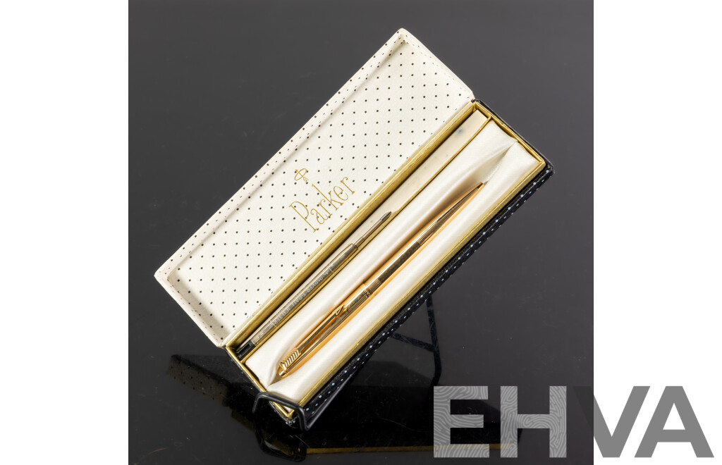 Retro Parked Retractable Ball Point Pen in 12K Gold Plate, with Filling and Original Case