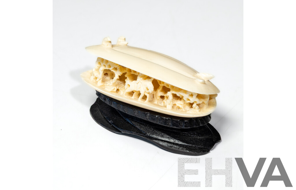 Chinese Hand Carved Ivory Scene in Carved Ivory Bi Valve Seashell on Wooden Stand