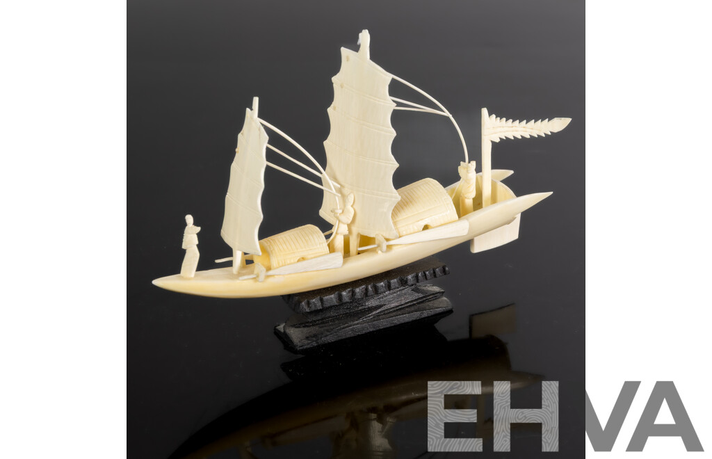 Thai Hand Carved Ivory Sailing Junk on Wooden Stand