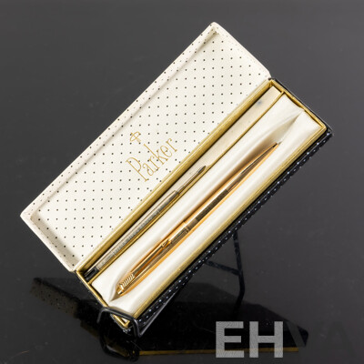 Retro Parked Retractable Ball Point Pen in 12K Gold Plate, with Filling and Original Case