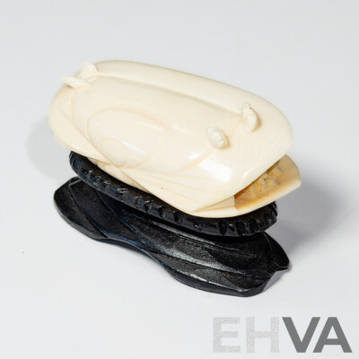 Chinese Hand Carved Ivory Scene in Carved Ivory Bi Valve Seashell on Wooden Stand