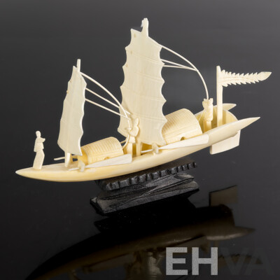 Thai Hand Carved Ivory Sailing Junk on Wooden Stand