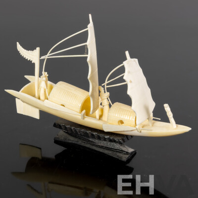 Thai Hand Carved Ivory Sailing Junk on Wooden Stand