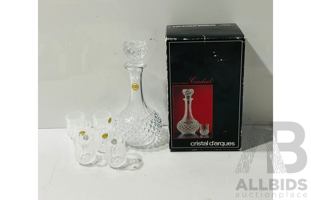 Vintage Cristal D’arques 7 Piece Service Including Decanter and Six Glasses in Original Box