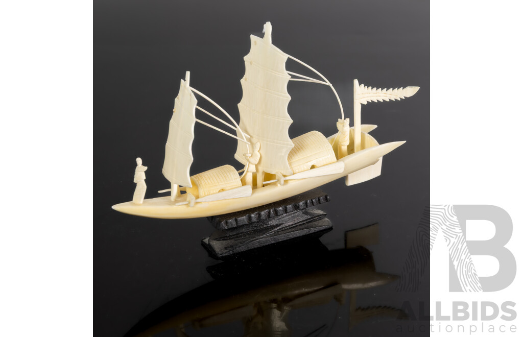 Thai Hand Carved Ivory Sailing Junk on Wooden Stand