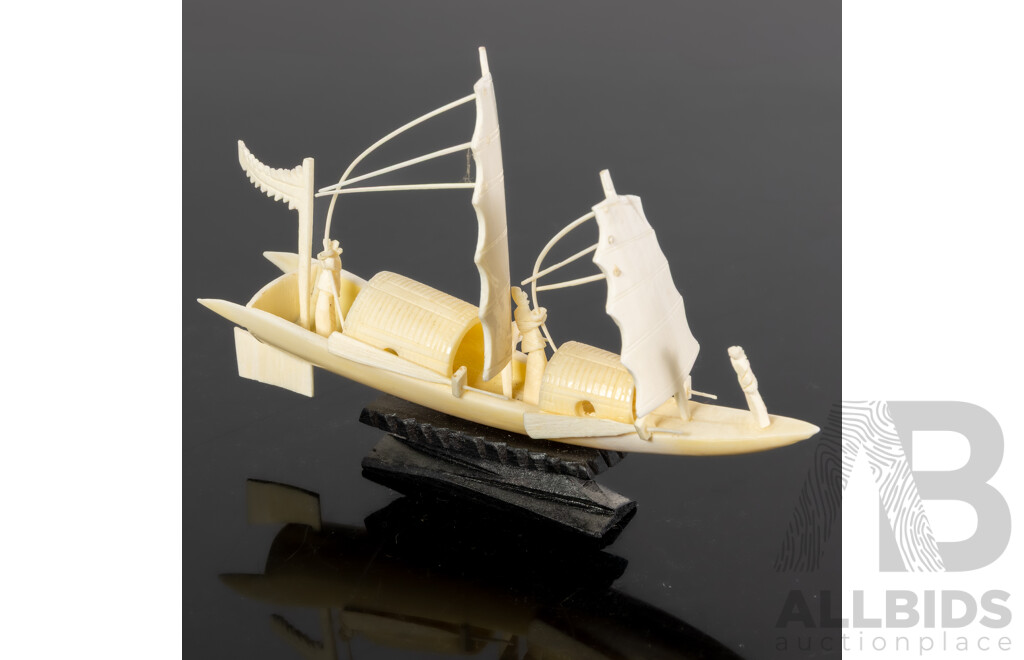 Thai Hand Carved Ivory Sailing Junk on Wooden Stand