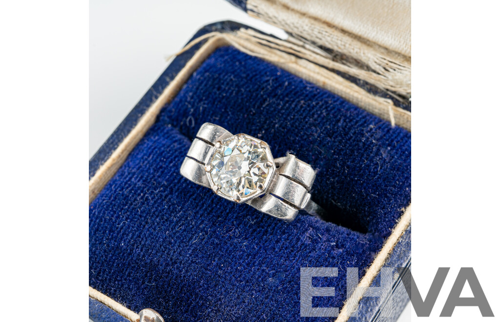 Antique Art Deco Platinum 1.69ct Diamond Solitaire Bow Ring, Size L, 4.55 Grams