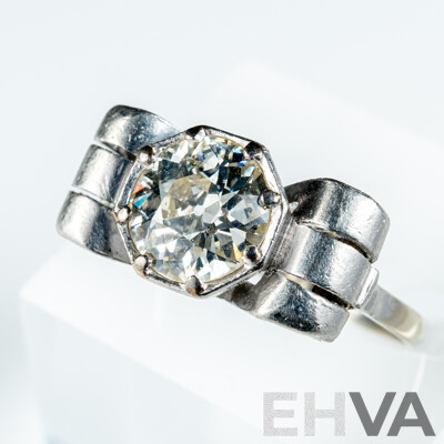 Antique Art Deco Platinum 1.69ct Diamond Solitaire Bow Ring, Size L, 4.55 Grams