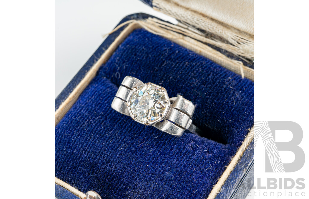 Antique Art Deco Platinum 1.69ct Diamond Solitaire Bow Ring, Size L, 4.55 Grams
