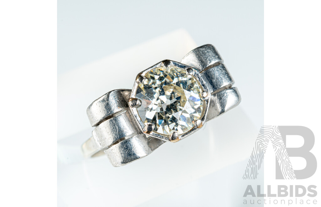 Antique Art Deco Platinum 1.69ct Diamond Solitaire Bow Ring, Size L, 4.55 Grams