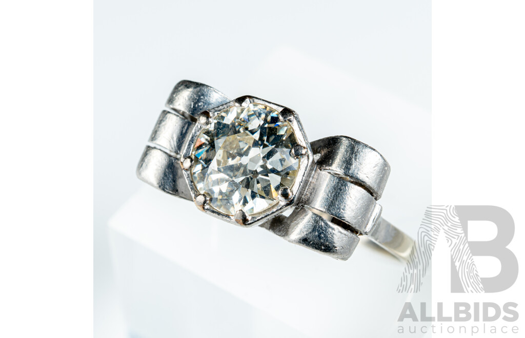Antique Art Deco Platinum 1.69ct Diamond Solitaire Bow Ring, Size L, 4.55 Grams