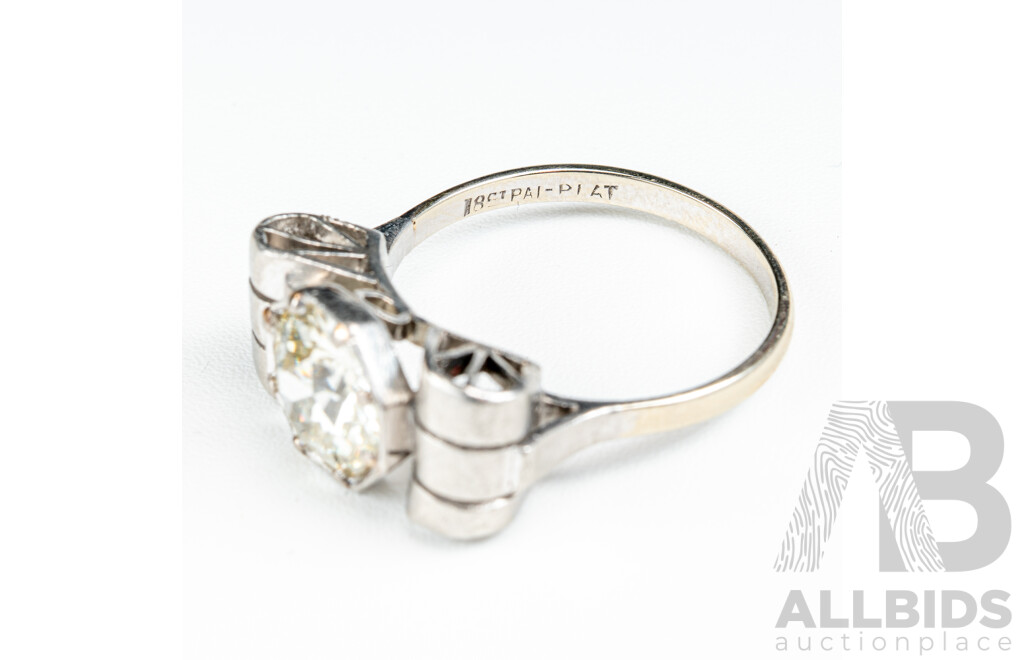 Antique Art Deco Platinum 1.69ct Diamond Solitaire Bow Ring, Size L, 4.55 Grams
