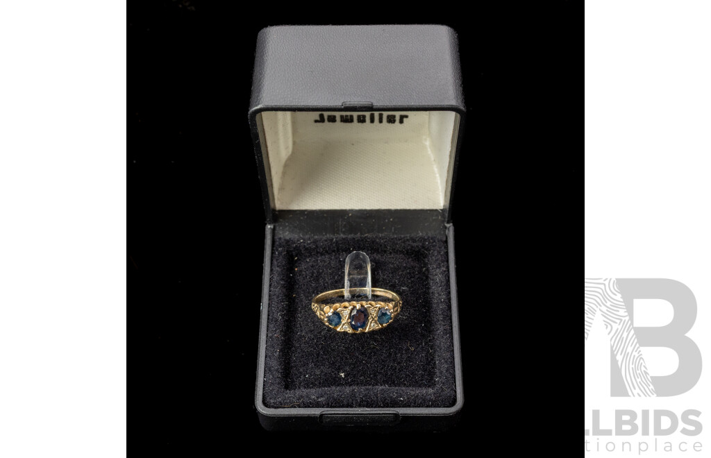 9ct Vintage Sapphire & Diamond Bridge Ring, Size K, 1.57 Grams