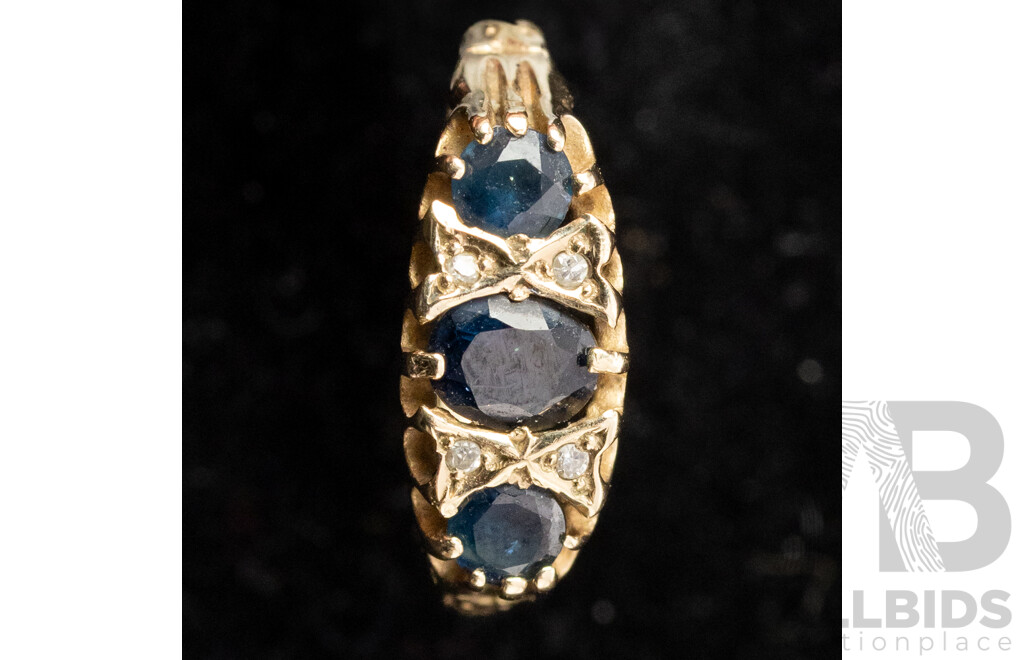 9ct Vintage Sapphire & Diamond Bridge Ring, Size K, 1.57 Grams