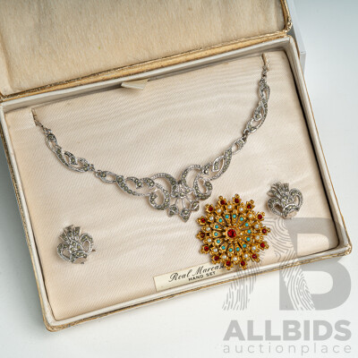 Vintage Gold Tone Seed Pearl & Paste Stone Brooch with Silver Tone Marcasite Set in Original Box
