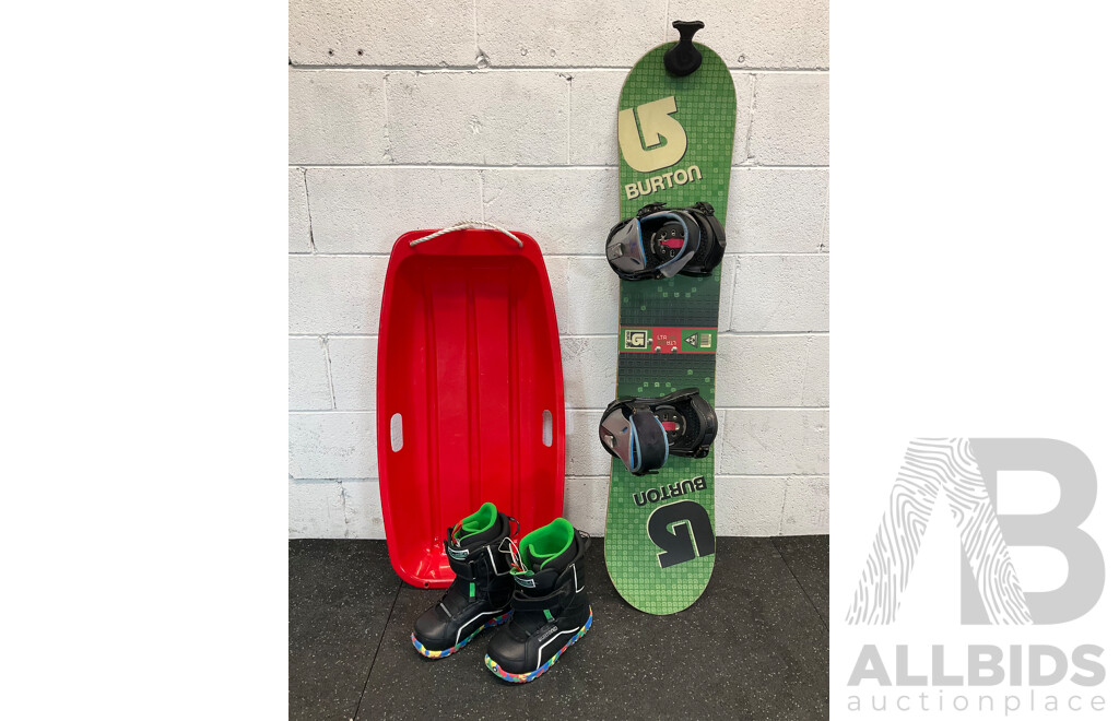 BURTON LTR 130CM Kids Snowboard, BURTON Zipline Kids Snowboard Boots and Toboggan Snow Sleds - Lot of 3