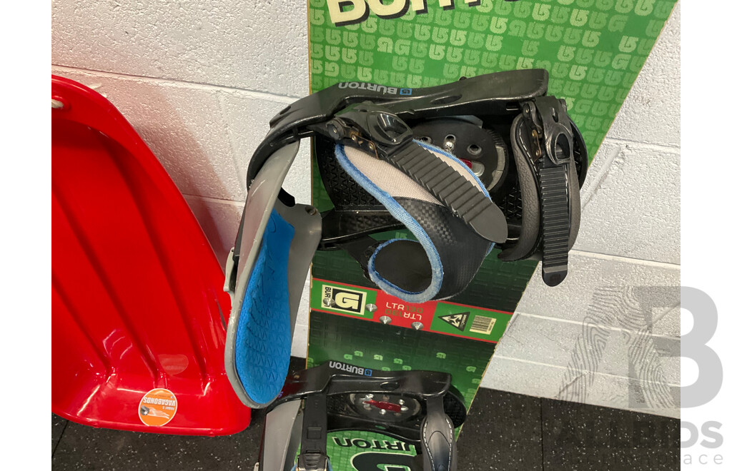 BURTON LTR 130CM Kids Snowboard, BURTON Zipline Kids Snowboard Boots and Toboggan Snow Sleds - Lot of 3
