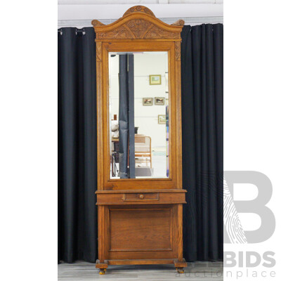 Oak Art Nouveau Mirrored Back Hall Stand
