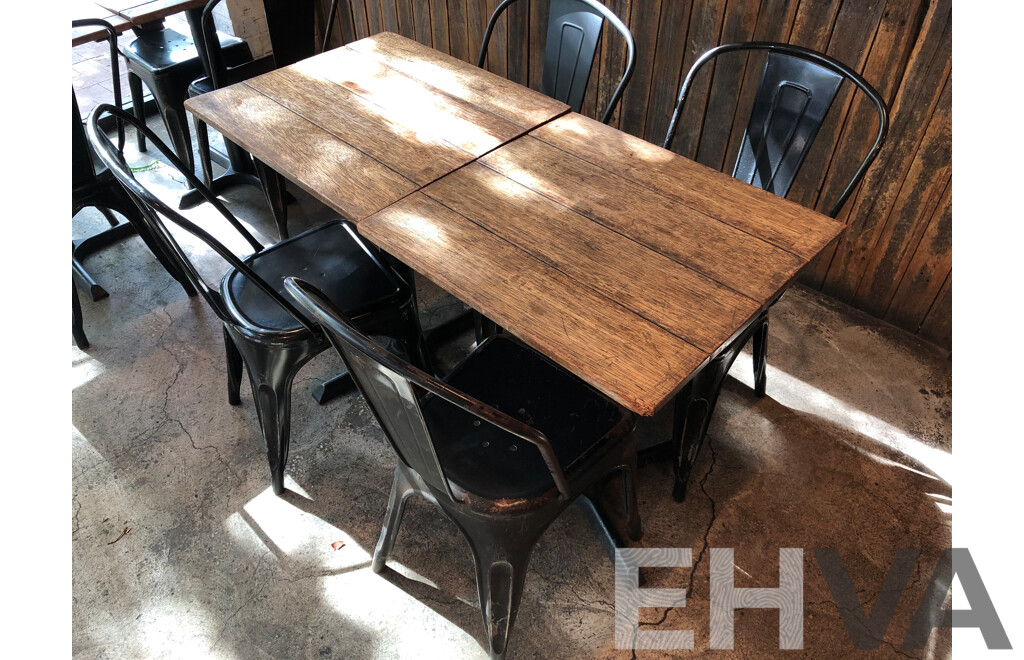 Two Rustic Timber Cafe Tables and Four Chairs