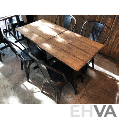 Two Rustic Timber Cafe Tables and Four Chairs