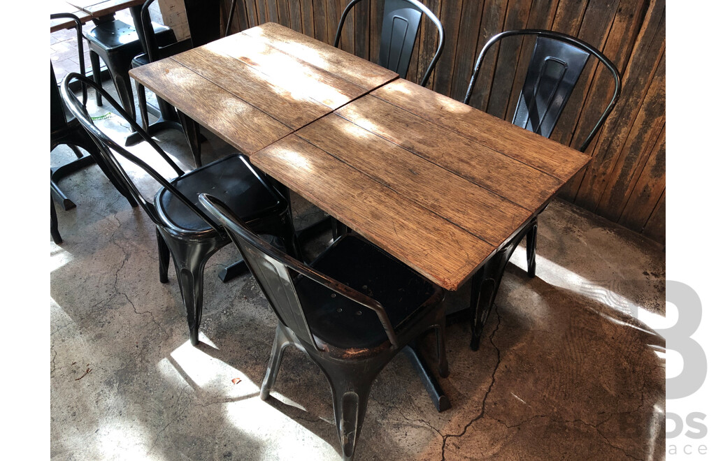 Two Rustic Timber Cafe Tables and Four Chairs