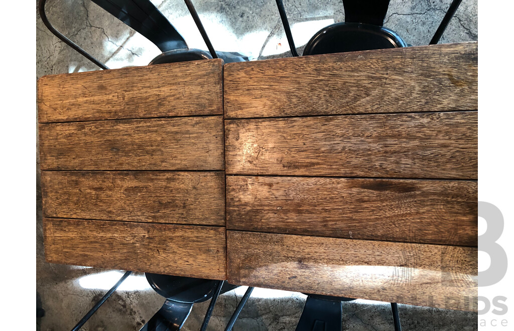 Two Rustic Timber Cafe Tables and Four Chairs